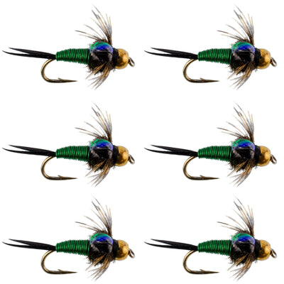 Bead Head Green Copper John Nymph Fly Fishing Flies - Set of 6 Flies Hook Size 16