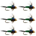 Bead Head Green Copper John Nymph Fly Fishing Flies - Set of 6 Flies Hook Size 12
