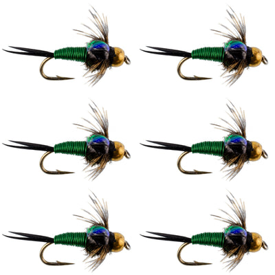 Bead Head Green Copper John Nymph Fly Fishing Flies - Set of 6 Flies Hook Size 12