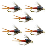 Set of 6 Bead Head Hot Orange Copper John Nymph trout wet flies with metallic finish on hook size 10.