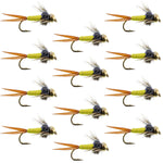 Set of 12 Bead Head Hot Yellow Copper John Nymph wet flies for trout fishing, size 14, by The Fly Fishing Place.