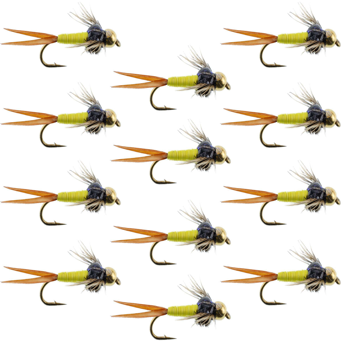 Set of 12 Bead Head Hot Yellow Copper John Nymph wet flies for trout fishing, size 14, by The Fly Fishing Place.