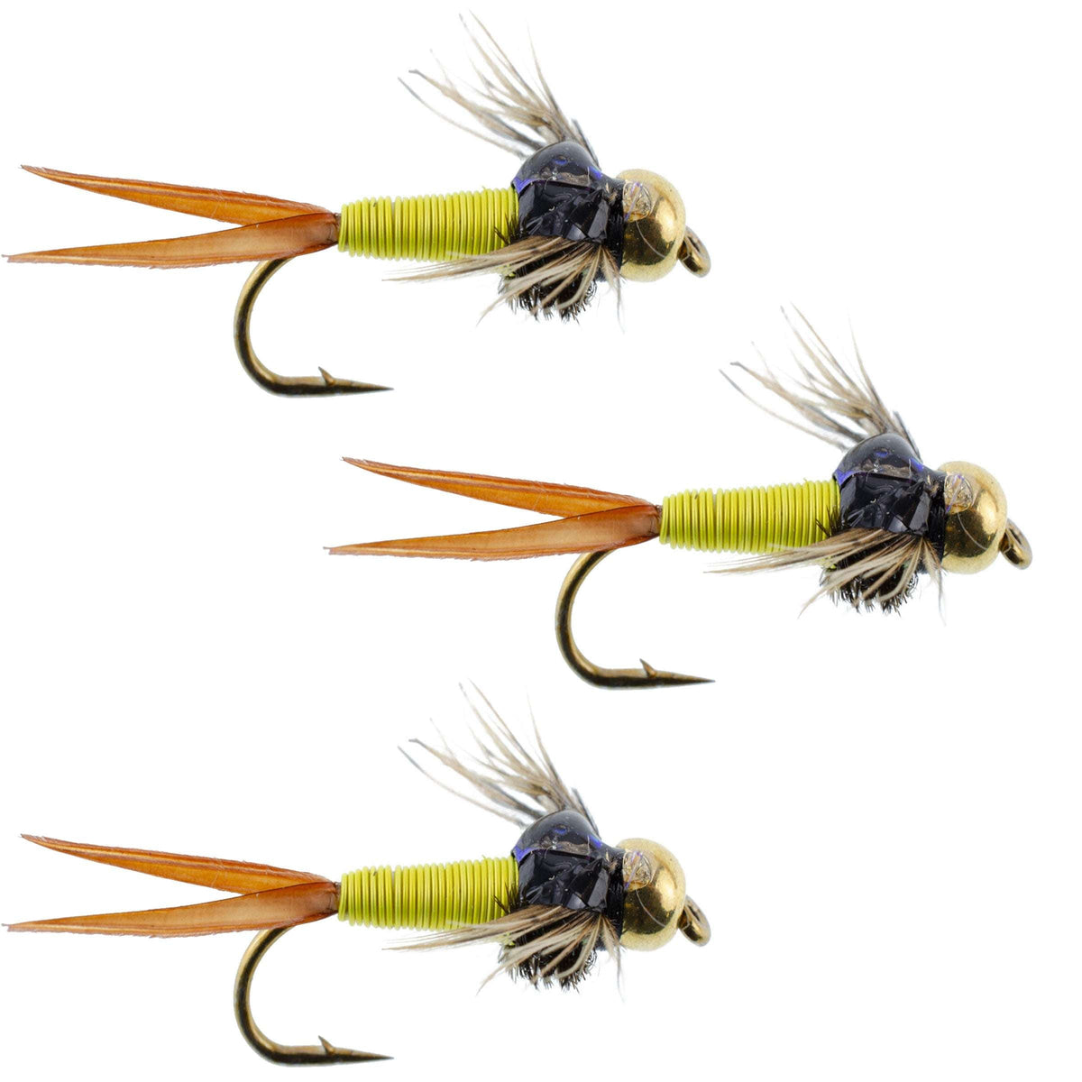 Set of 3 bright yellow copper John nymph wet flies for trout fishing, size 14, by The Fly Fishing Place.