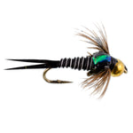 Three Zebra Copper John nymph flies for trout fishing, size 12, with black and white bead head and hook visible, by The Fly Fishing Place.