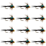 Set of 12 Zebra Copper John nymph trout wet flies with hooks, size 12, designed for fly fishing by Bead Head.