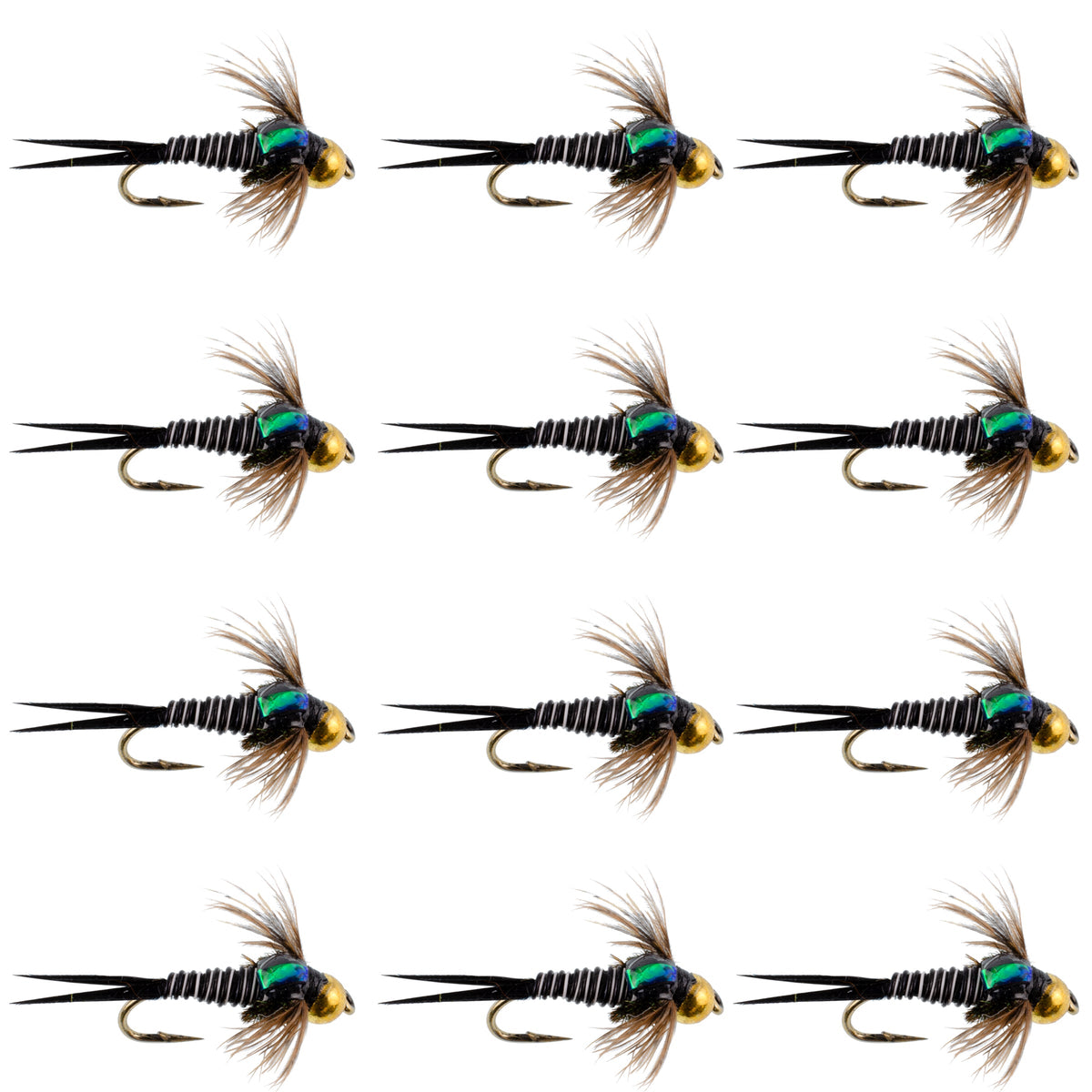 Set of 12 Zebra Copper John nymph trout wet flies with hooks, size 12, designed for fly fishing by Bead Head.