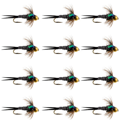 Set of 12 Zebra Copper John nymph trout wet flies with hooks, size 12, designed for fly fishing by Bead Head.