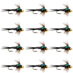 Set of 12 Bead Head Zebra Copper John Nymph Trout Wet Flies with size 16 hooks for fly fishing.