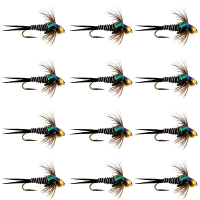 Set of 12 Bead Head Zebra Copper John Nymph Trout Wet Flies with size 16 hooks for fly fishing.