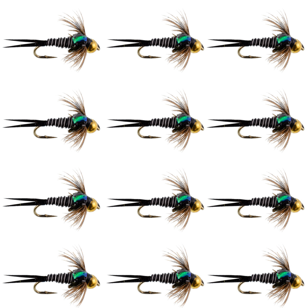 Bead Head Zebra Copper John Nymph trout wet fishing flies, size 14, set of 12 hooks with copper and zebra pattern for fly fishing.