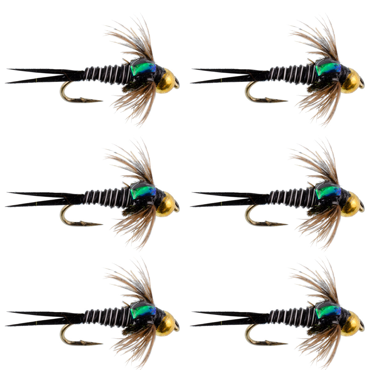 Set of 6 Bead Head Zebra Copper John Nymph flies for trout fishing, featuring copper and zebra pattern hooks size 14.