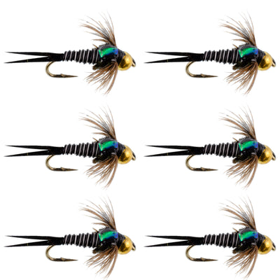 Set of 6 Bead Head Zebra Copper John Nymph flies for trout fishing, featuring copper and zebra pattern hooks size 14.