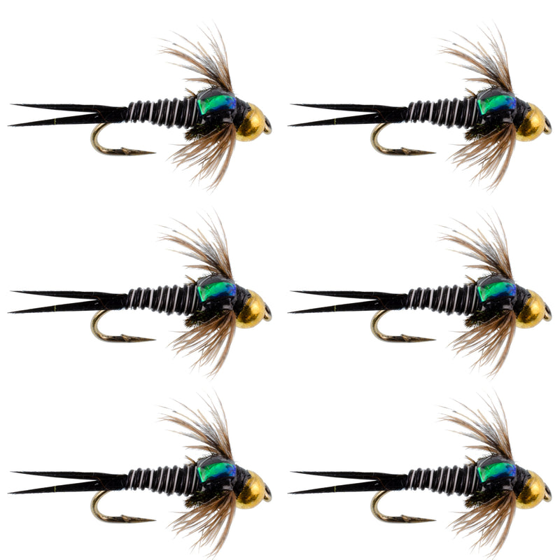 Set of 6 Bead Head Zebra Copper John Nymph flies for trout fishing, featuring copper and zebra pattern hooks size 14.