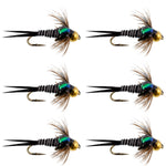 Set of 6 Bead Head Zebra Copper John Nymph Trout Wet Flies with hooks, size 16, for fly fishing.