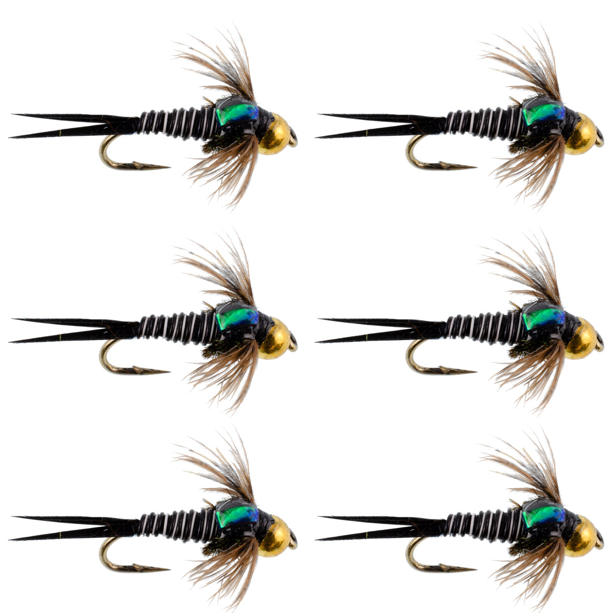 Set of 6 Bead Head Zebra Copper John Nymph Trout Wet Flies with hooks, size 16, for fly fishing.