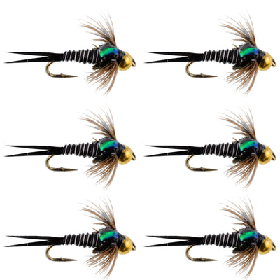 Set of 6 Bead Head Zebra Copper John Nymph Trout Wet Flies with hooks, size 16, for fly fishing.