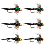 Set of 6 Bead Head Zebra Copper John Nymph Trout Flies with hooks, size 12, for fly fishing by The Fly Fishing Place.