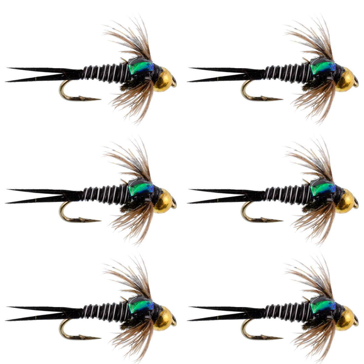 Set of 6 Bead Head Zebra Copper John Nymph Trout Flies with hooks, size 12, for fly fishing by The Fly Fishing Place.