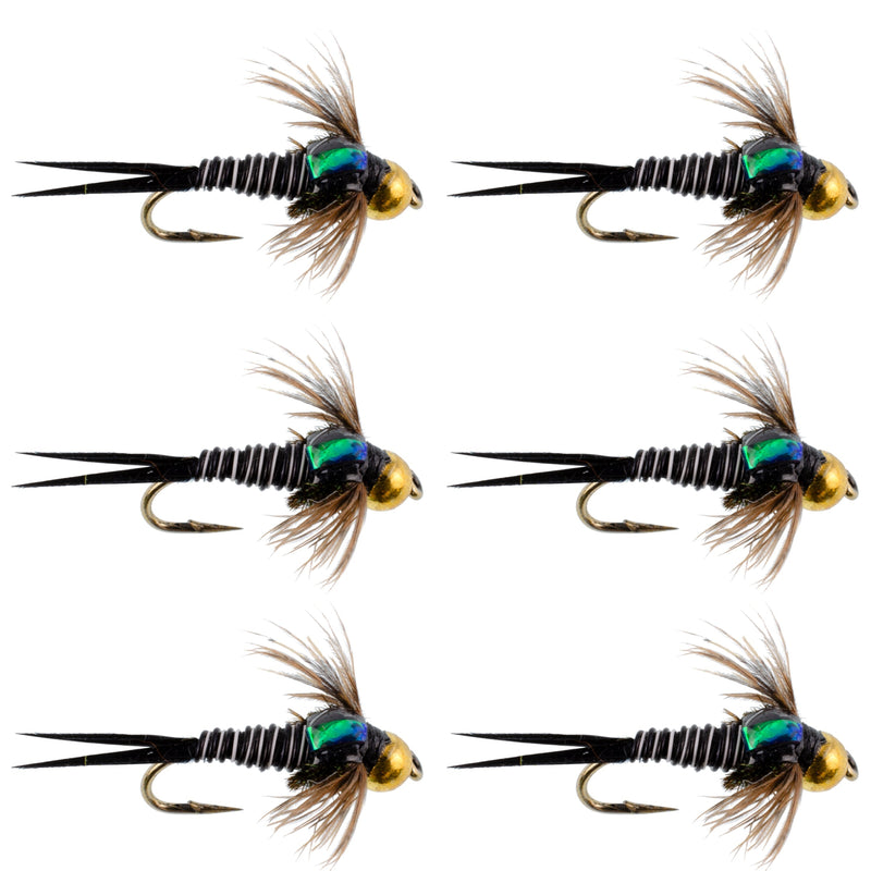 Set of 6 Bead Head Zebra Copper John Nymph Trout Flies with hooks, size 12, for fly fishing by The Fly Fishing Place.