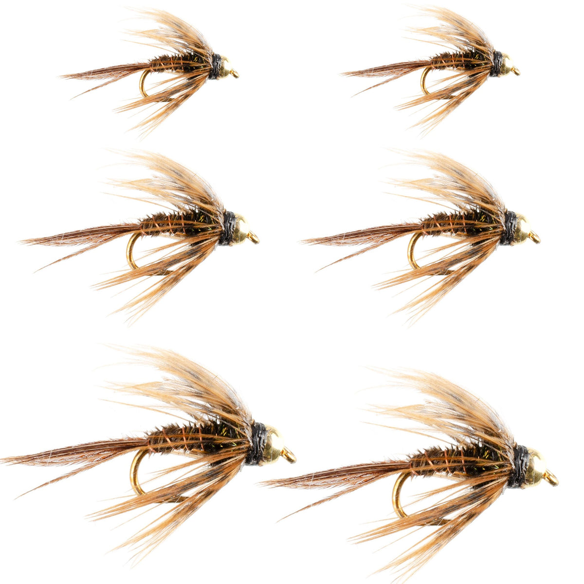Set of 6 trout soft hackle bead head pheasant tail nymph flies with mixed sizes for fly fishing, hooks size 12.