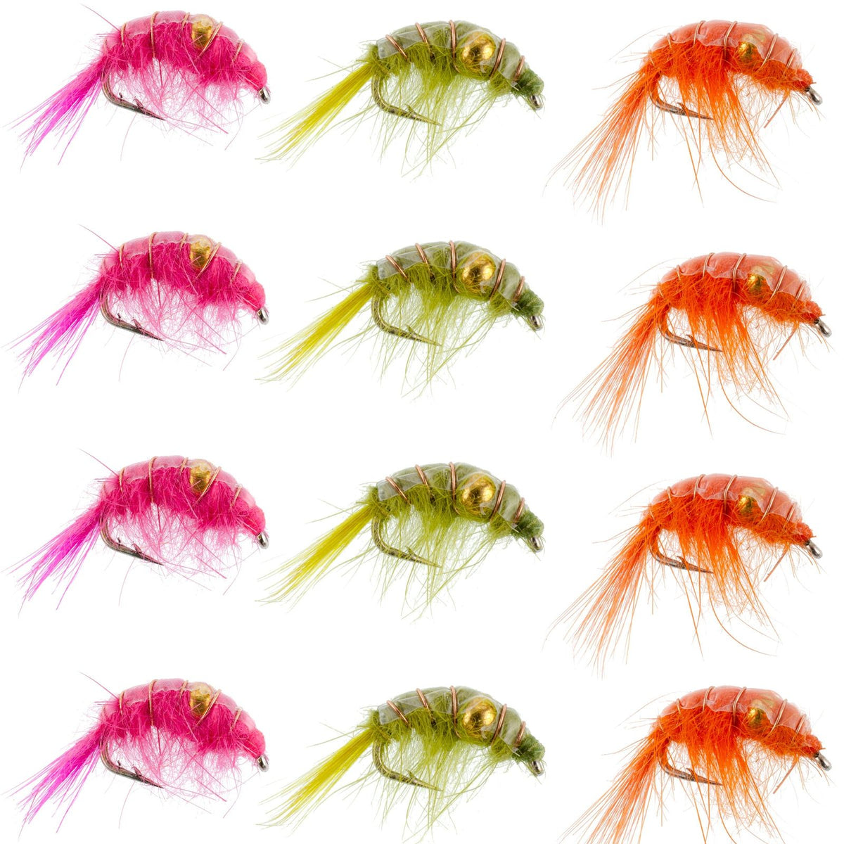 Set of 12 beaded shrimp scud trout wet flies with 3 patterns, size 12, for fly fishing in tailwater lakes.