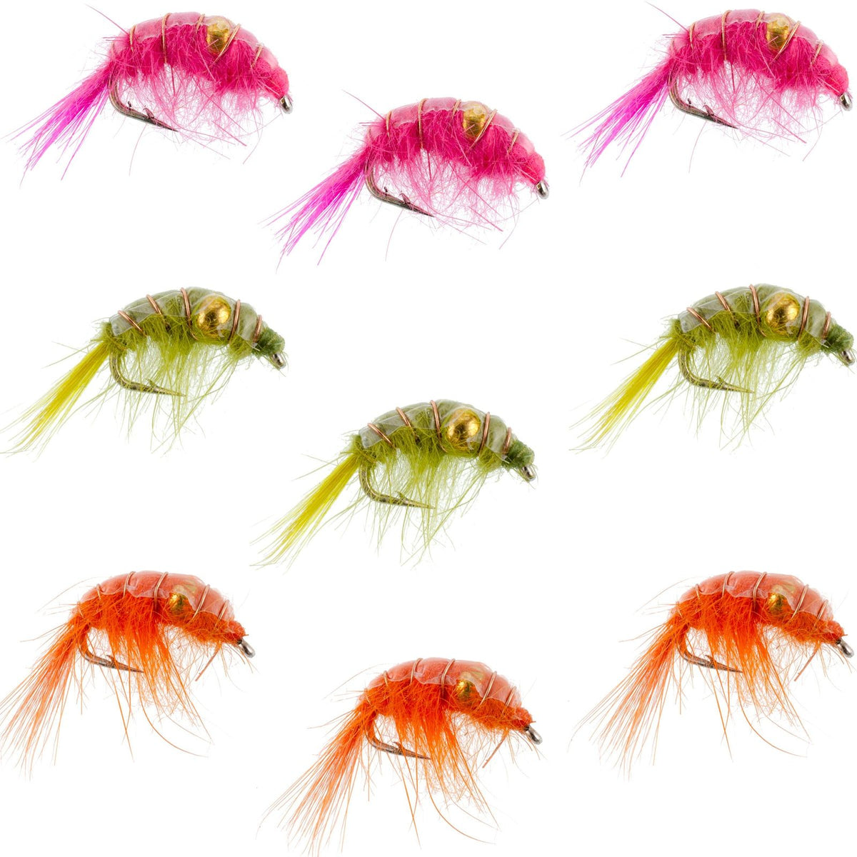 Beaded shrimp scud trout wet fly assortment with 9 size 16 flies for tailwater lake fishing, by The Fly Fishing Place.