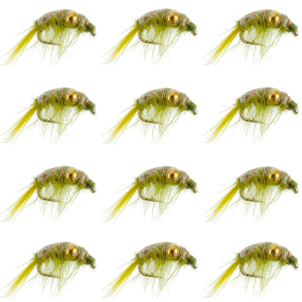 Set of 12 green olive beaded shrimp scud pattern trout wet flies for fly fishing, size 12, by The Fly Fishing Place.