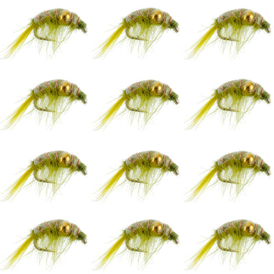 Set of 12 green olive beaded shrimp scud pattern trout wet flies for fly fishing, size 12, by The Fly Fishing Place.
