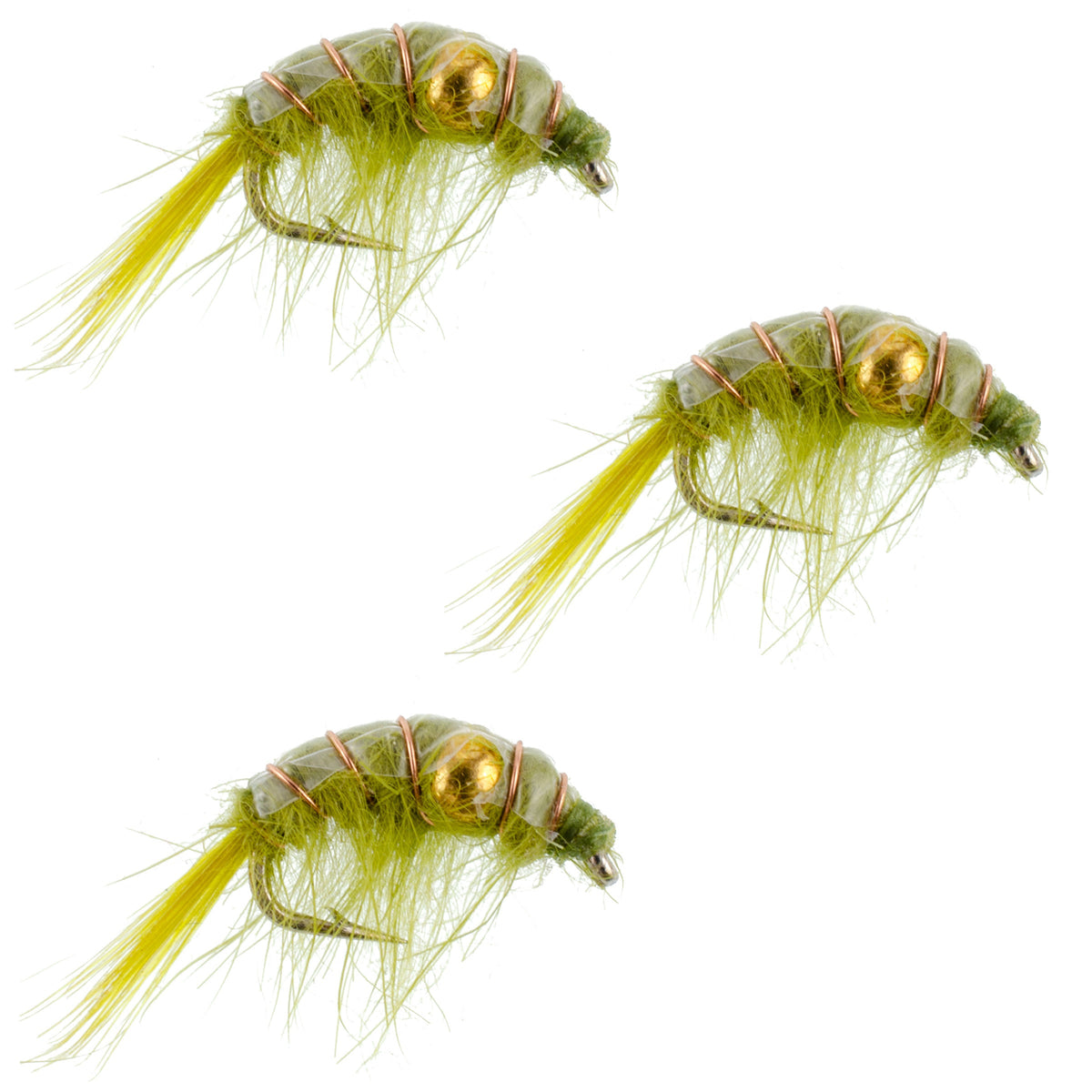 Set of 3 olive beaded shrimp scud pattern trout wet flies for fly fishing, size 16, designed for tailwater lake nymph fishing.