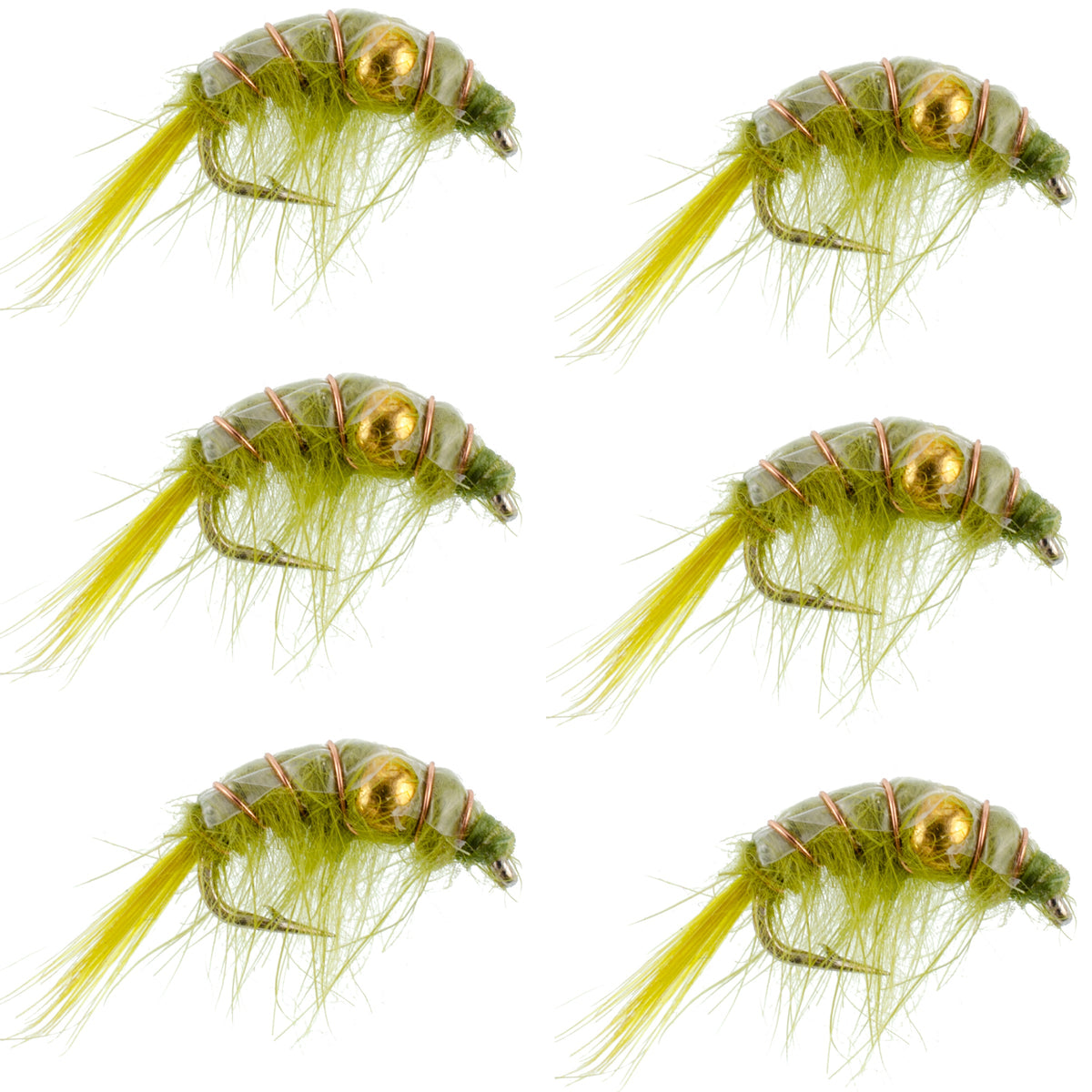 Set of six olive beaded shrimp scud pattern trout wet flies for fly fishing, size 16, by The Fly Fishing Place.