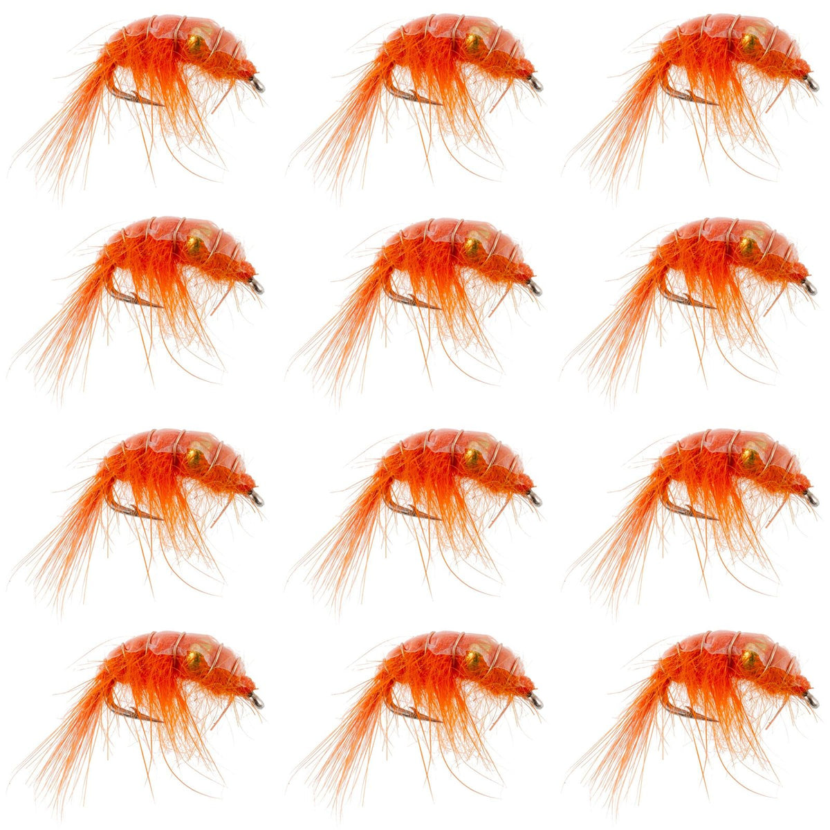 Orange beaded shrimp scud pattern trout wet fly by The Fly Fishing Place, size 12, used as a tailwater lake fly fishing nymph
