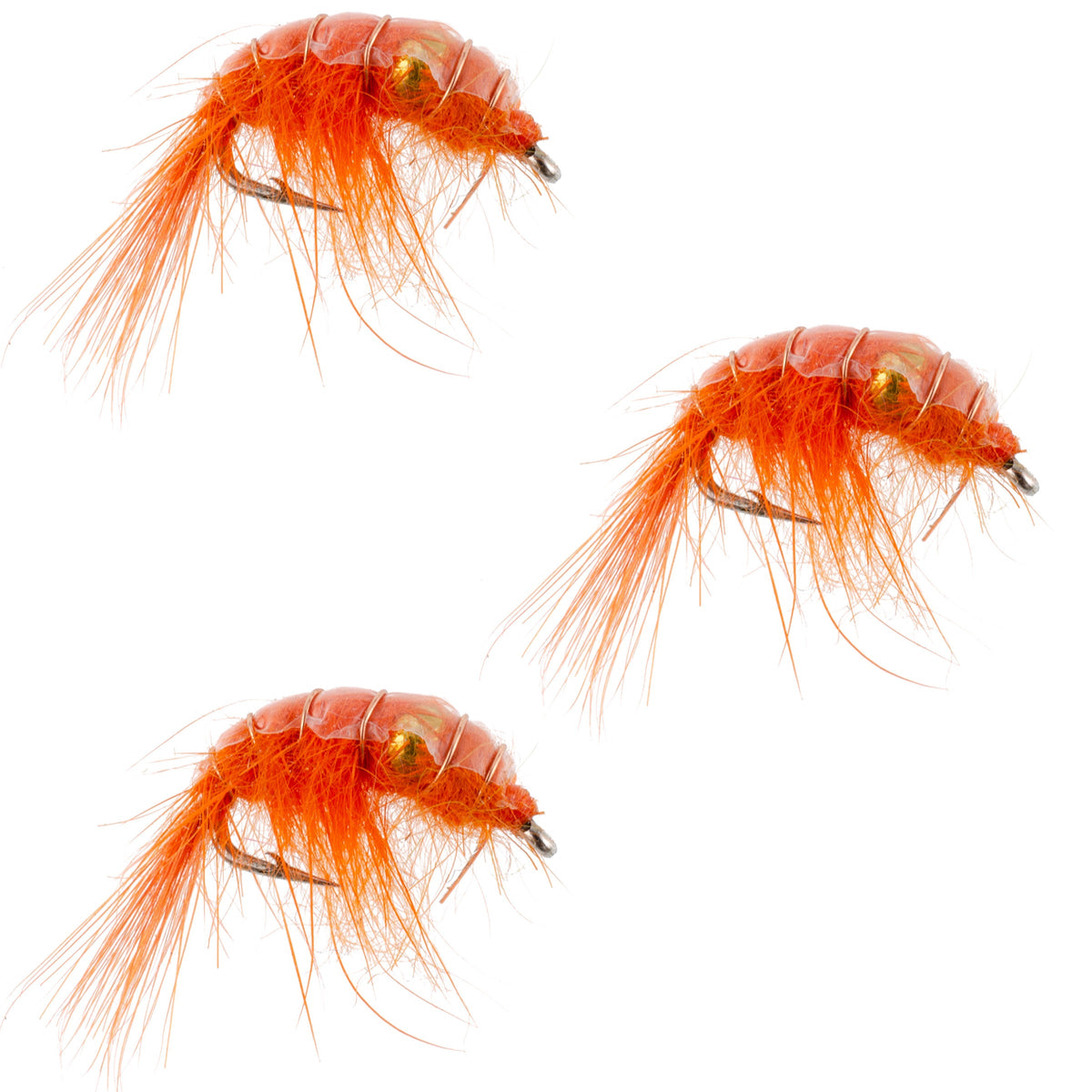 Set of three orange beaded shrimp scud pattern trout wet flies for fly fishing, size 16, by The Fly Fishing Place.
