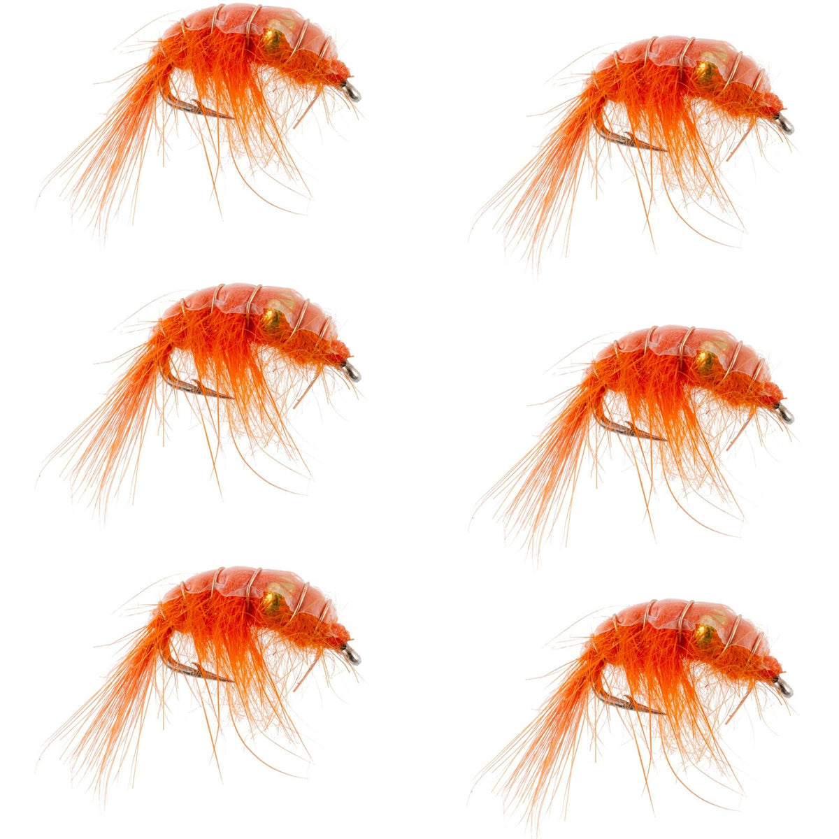 Set of six orange beaded shrimp scud trout wet flies, size 16, designed for tailwater lake fly fishing nymphs.