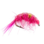 Three pink beaded shrimp scud pattern trout wet flies, size 12, for fly fishing, with detailed bead and tail features.