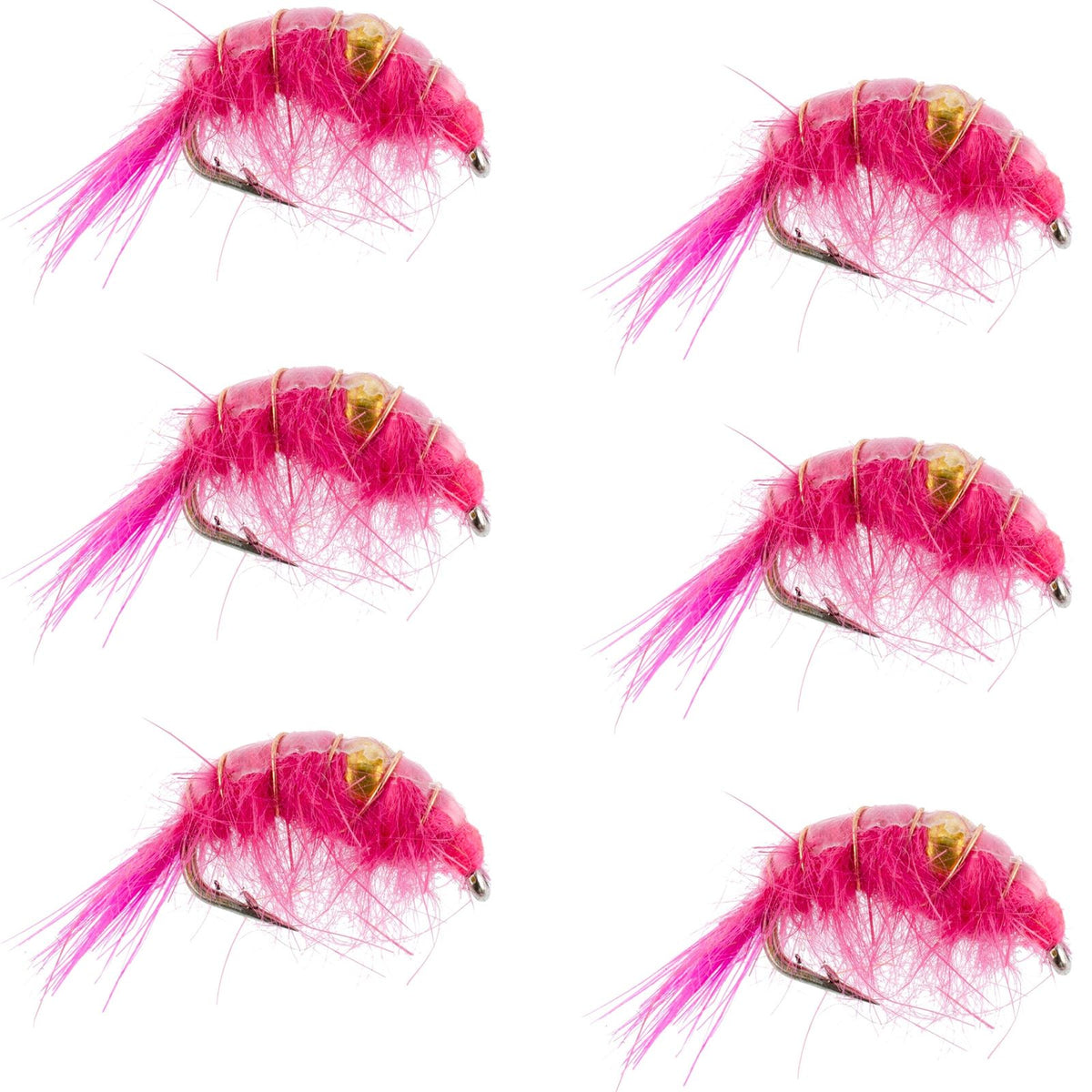 Set of six pink beaded shrimp scud pattern trout wet flies for fly fishing, size 16, designed for tailwater lake fishing.