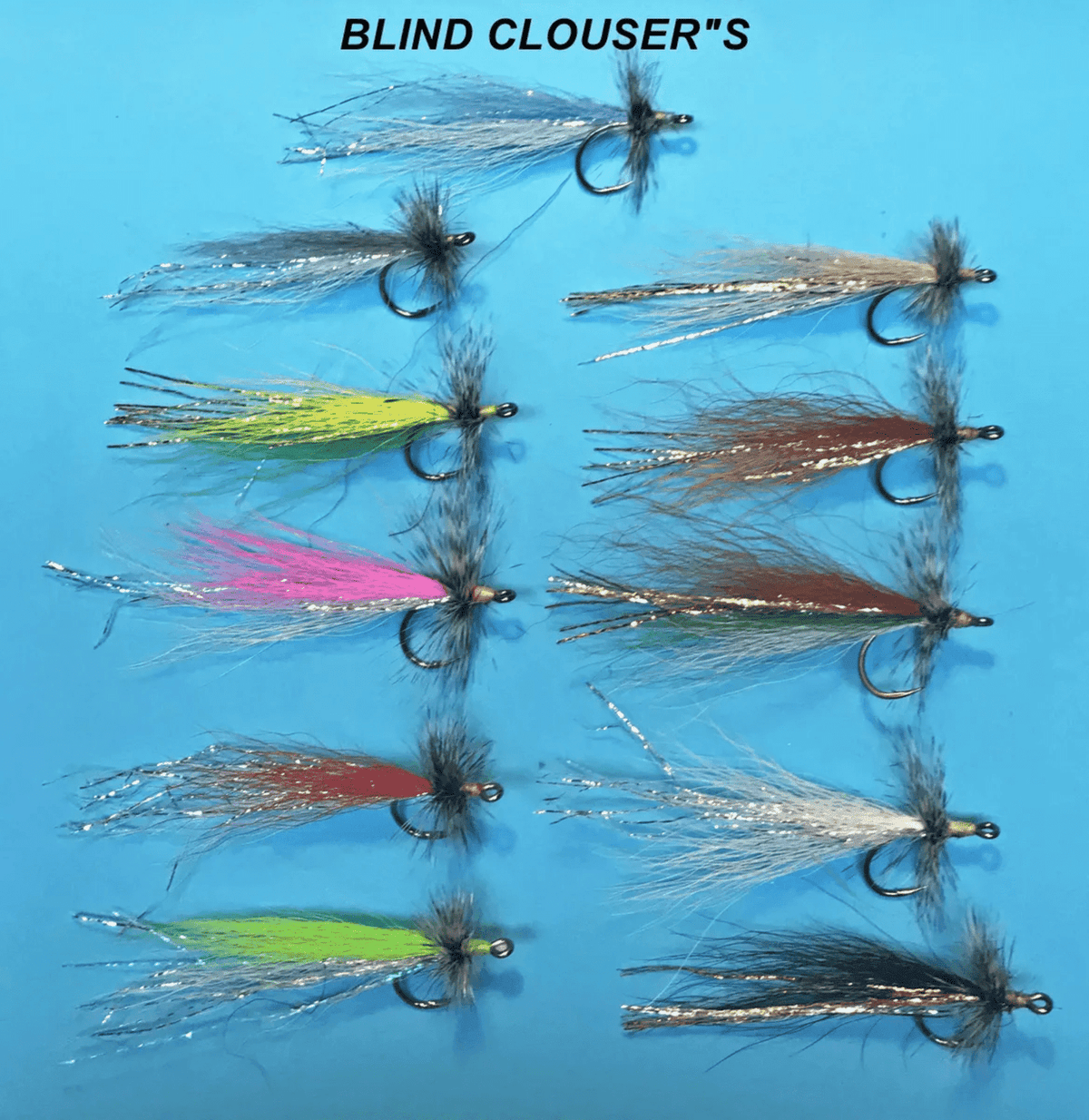 Close-up of Clouser's Fly Shop Blind Clouser's fishing flies with colorful bucktail and feather details for freshwater or sal