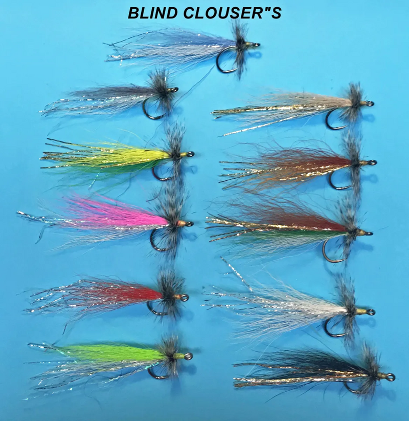 Close-up of Clouser's Fly Shop Blind Clouser's fishing flies with colorful bucktail and feather details for freshwater or saltwater fishing.