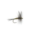 Six barbless Blue Winged Olive BWO trout dry flies for fishing, size 18, from The Fly Fishing Place, displayed on a fishing tackle box.