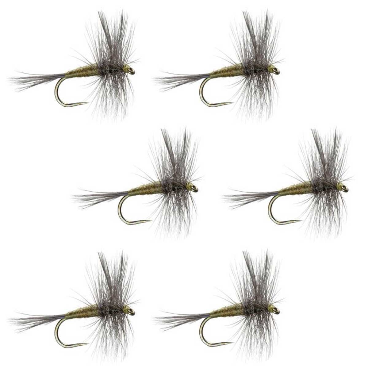 Set of six barbless blue winged olive BWO trout dry flies, size 14, from The Fly Fishing Place, designed for freshwater fishing.