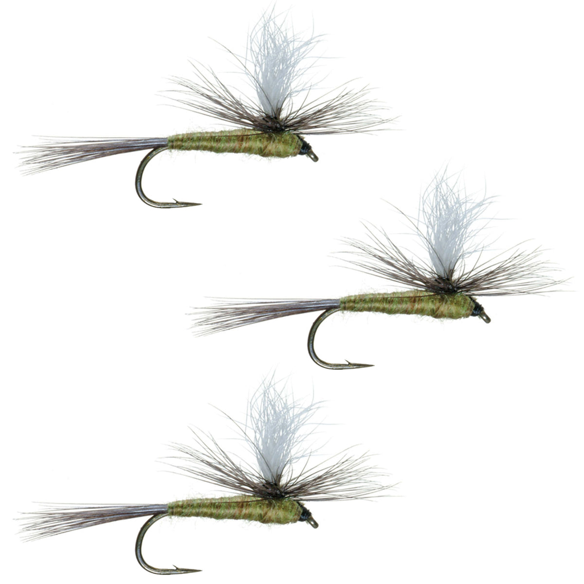Set of three Blue Wing Olive BWO parachute dry flies for trout fishing, size 14, with detailed parachute hackle and hook.