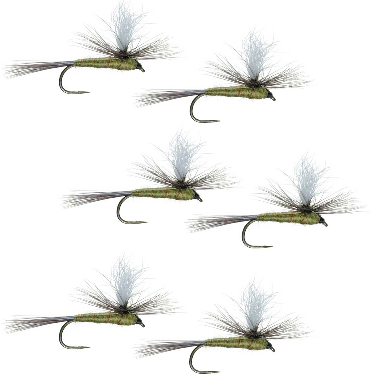Set of 6 blue winged olive BWO dry flies for trout fishing, barbless parachute style, size 18, by The Fly Fishing Place.