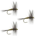Set of three blue wing olive BWO dry flies for trout fishing, hook size 16, featuring realistic fly patterns.