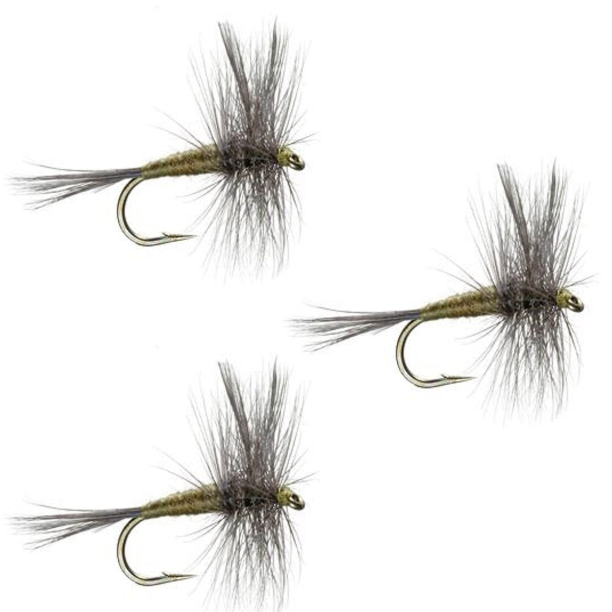 Set of three blue wing olive BWO dry flies for trout fishing, hook size 16, featuring realistic fly patterns.