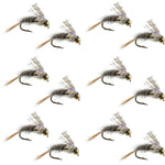 Set of 12 Barrs Baetis Emerger BWO wet flies for trout fishing, size 18, with realistic nymph and emerger design on hooks.