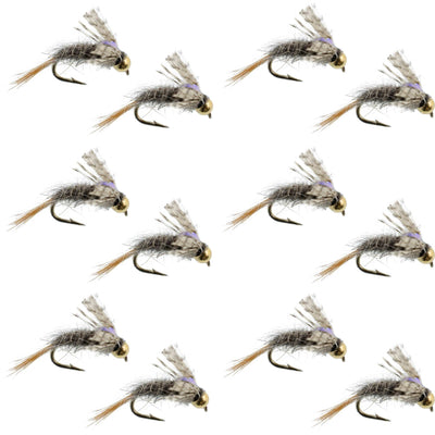 Set of 12 Barrs Baetis Emerger BWO wet flies for trout fishing, size 18, with realistic nymph and emerger design on hooks.