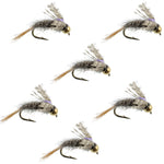 Six Barrs Baetis Emerger BWO wet trout fishing flies on size 16 hooks, designed for effective fly fishing.