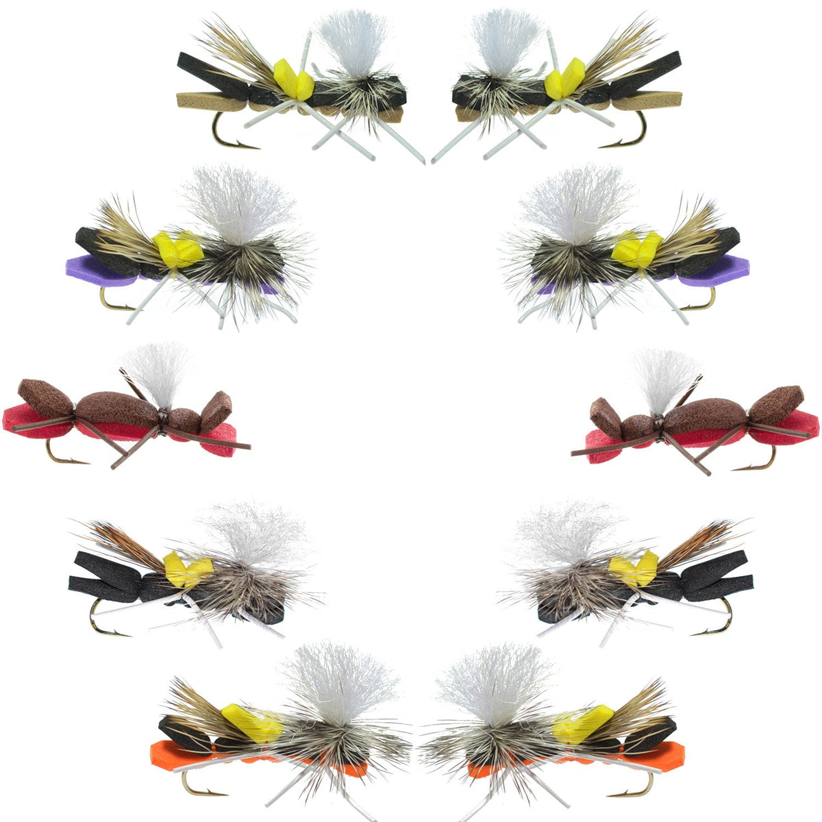 Basics Collection parachute Chernobyl Ant assortment featuring 10 size 10 terrestrial flies for fly fishing.