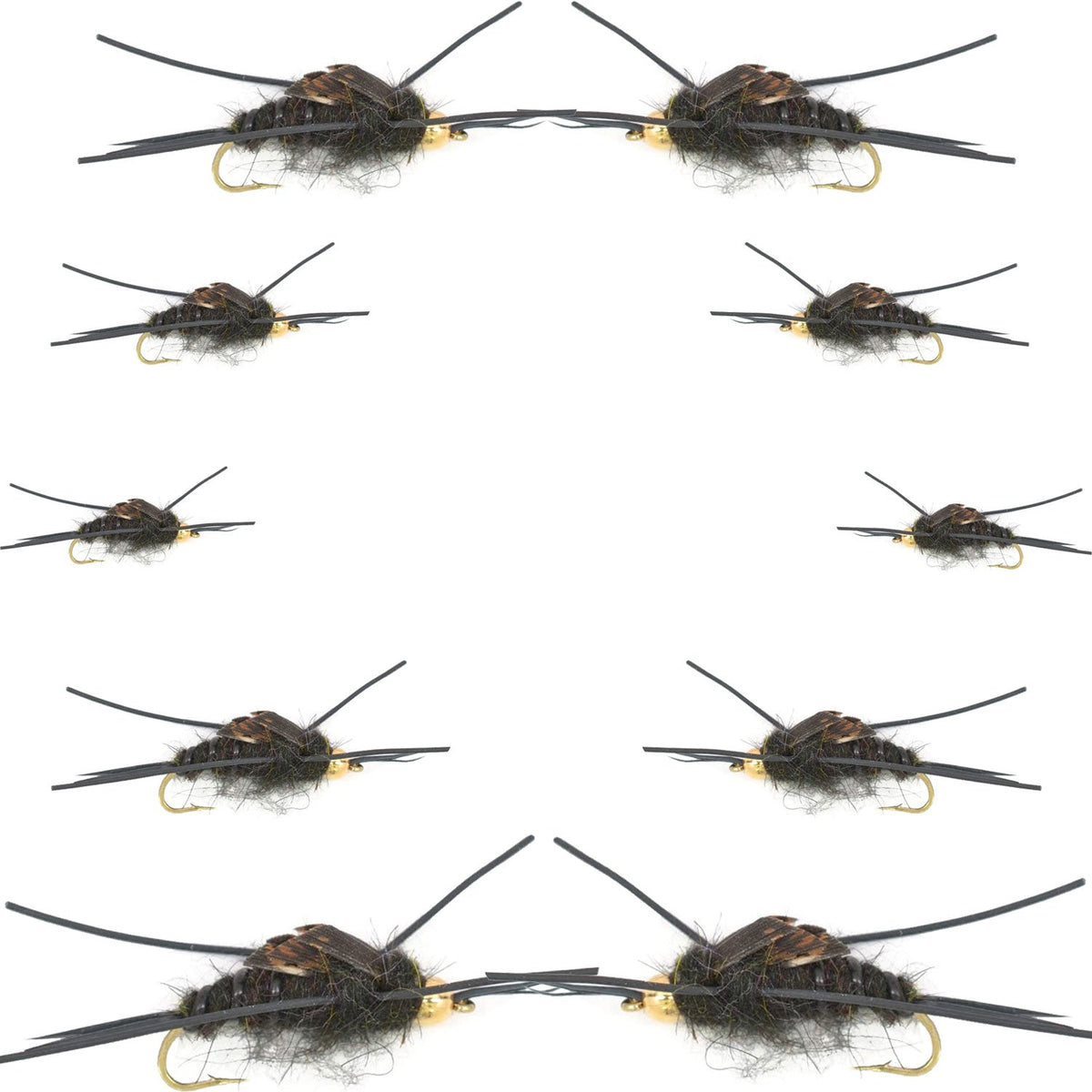 Assorted Kaufmanns Black Stonefly nymph flies from the Basics Collection, 10-piece set for fly fishing, size #4-12.