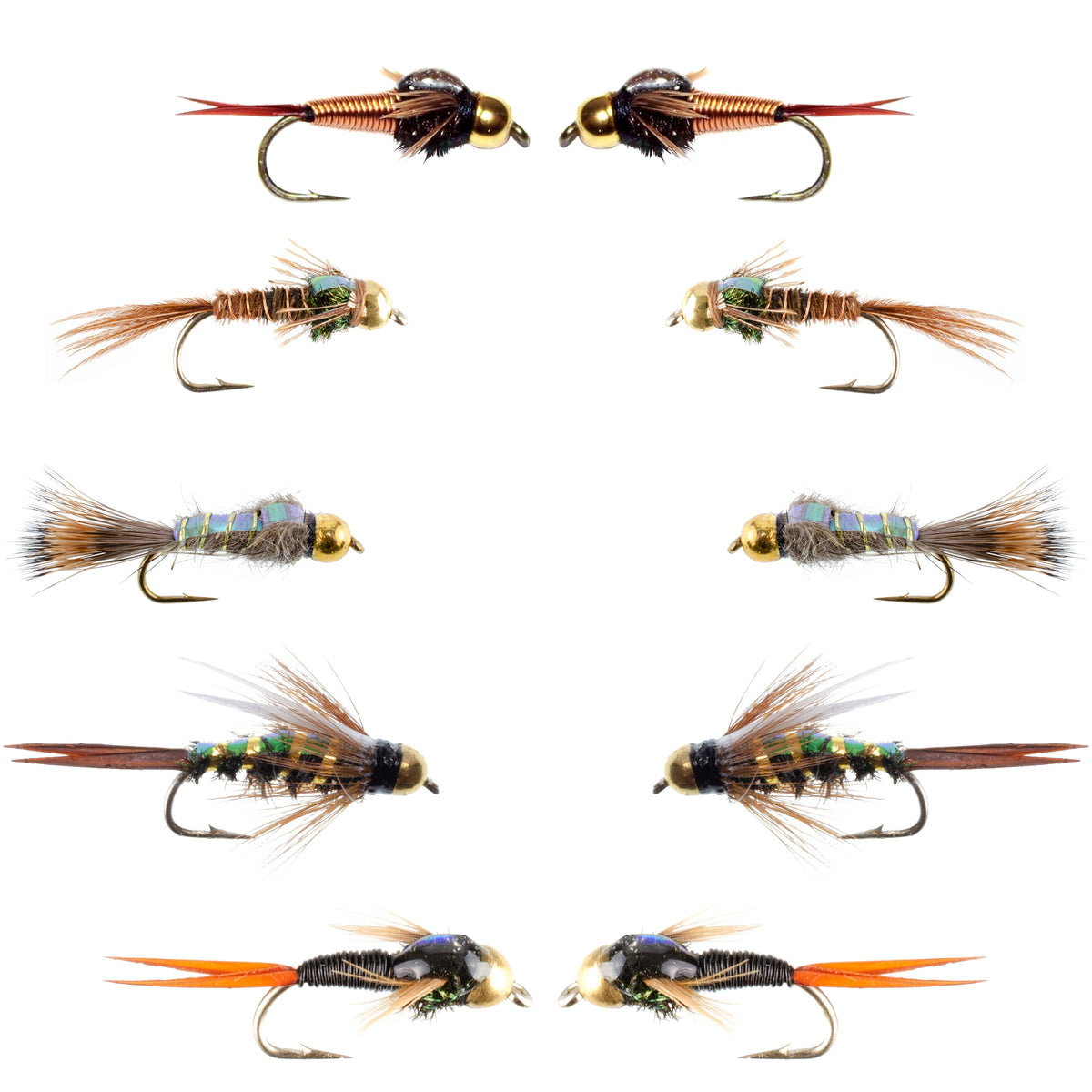 Set of 10 copper John flash back nymph flies in sizes #10-16 from the Basics Collection, ideal for fly fishing.