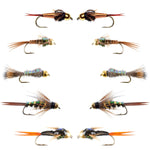 Set of 10 Basics Collection Flash Back Tungsten Bead Head Nymphs for fly fishing, sizes #10-16, with realistic fly pattern details.